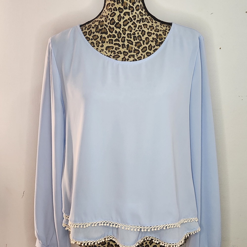 Lush Light Blue Long Sleeve Blouse with Crochet Trim